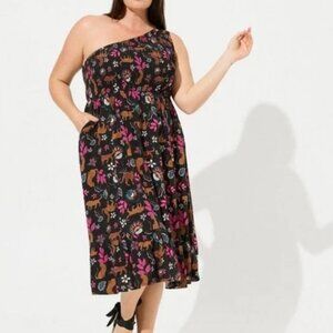 Torrid Midi Challis One-Shoulder Dress Leopard Floral Print Stretch Size 5X